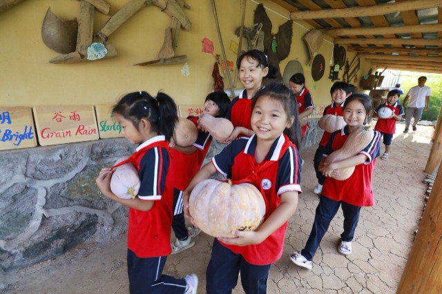 湖北竹山一“微小学”：劳动第一课 师生收南瓜