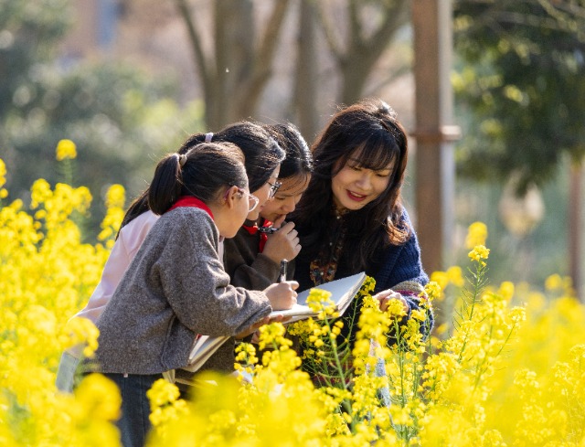 2、2026年3月12日，重庆市南川区金山镇小河坝社区油菜花田春意盎然，美术教师给金山湖小学校的学生们细致讲解写生技巧。.jpg